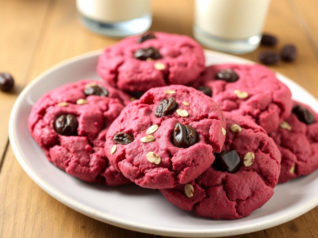 A plate of vibrant beet oatmeal raisin cookies with oats and raisins on a rustic wooden table.